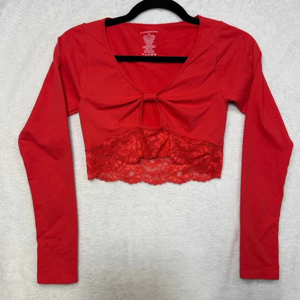 Anthropologie S/M Lace-Trim Cutout Long-Sleeve Crop Top Red Coquette Ballet Sexy